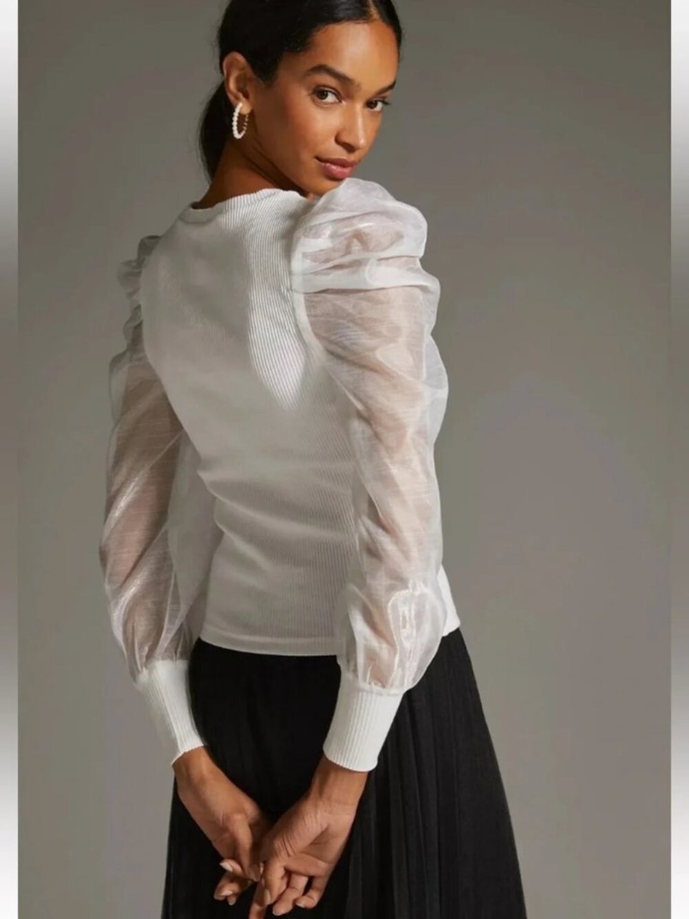 Anthropologie Dolan NEW Sheer-Sleeve Ribbed Sweater Top Size L White